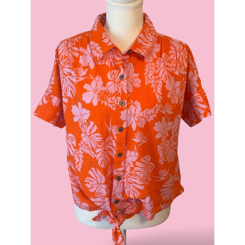 Style & Co. Tropical Hibiscus Tie-Front Blouse Size Large